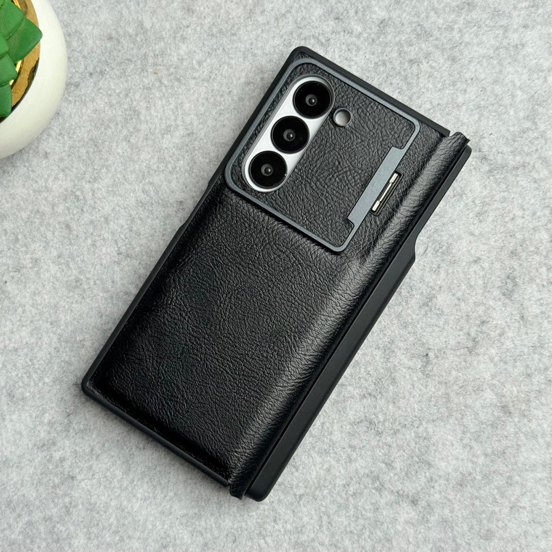 Samsung Galaxy Z Fold 5 Premium Leather Textured Flip Case with Metal Kick Stand Cover