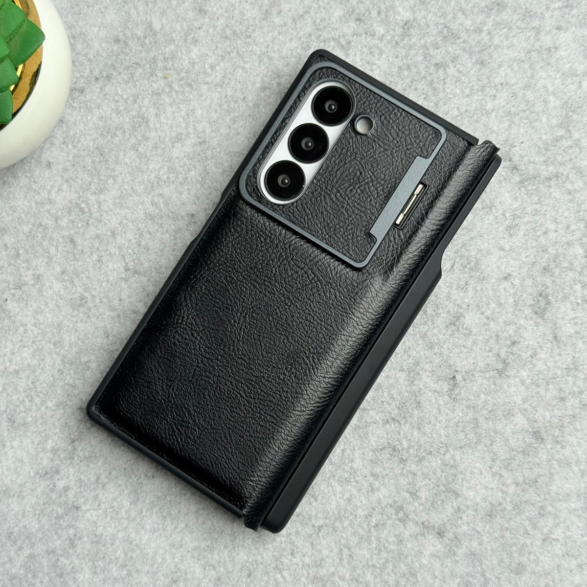 Samsung Galaxy Z Fold 6 Premium Leather Textured Flip Case with Metal Kick Stand Cover