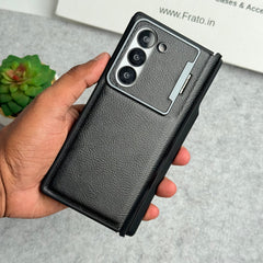 Samsung Galaxy Z Fold 6 Premium Leather Textured Flip Case with Metal Kick Stand Cover