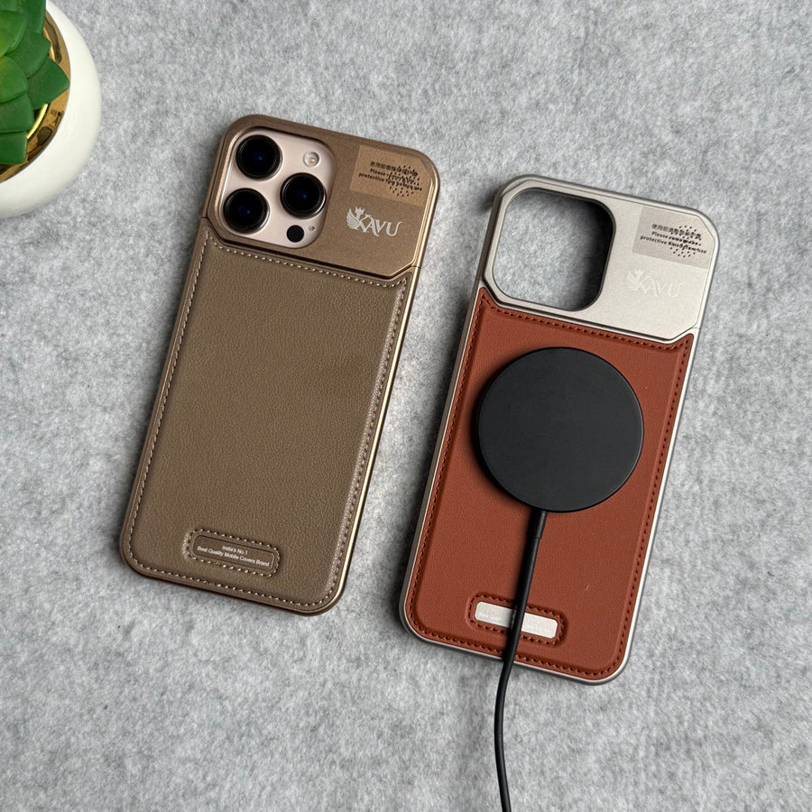 iPhone 16 Series Premium Metallic AeroFLex Aluminium Stitch Leather MagSafe Case