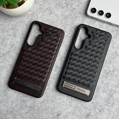 Samsung Galaxy S25 Weave Leather with Metal Kickstand Slim Back Cover