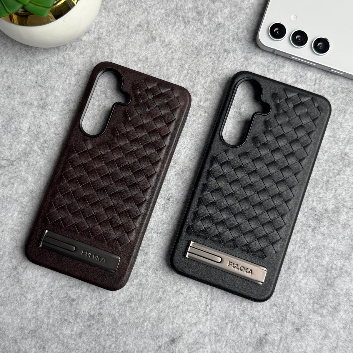 Samsung Galaxy S25 Weave Leather with Metal Kickstand Slim Back Cover