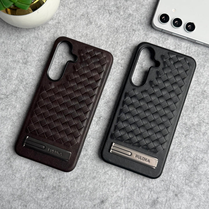 Samsung Galaxy S25 Weave Leather with Metal Kickstand Slim Back Cover