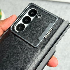 Samsung Galaxy Z Fold 6 Premium Leather Textured Flip Case with Metal Kick Stand Cover