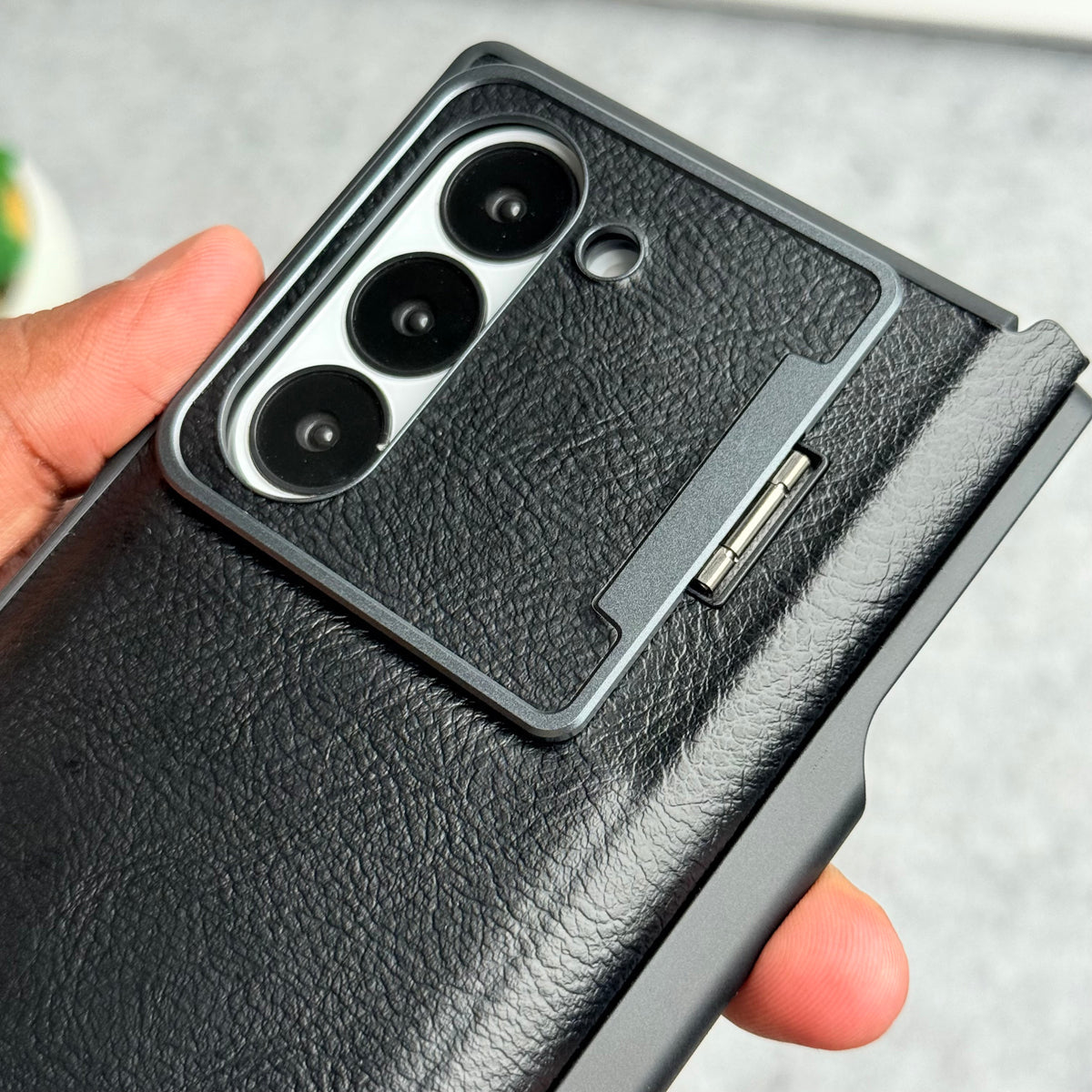 Samsung Galaxy Z Fold 6 Premium Leather Textured Flip Case with Metal Kick Stand Cover