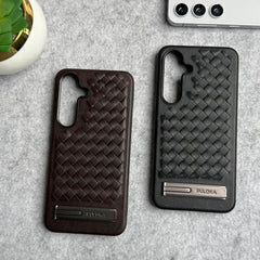 Samsung Galaxy S25 Weave Leather with Metal Kickstand Slim Back Cover