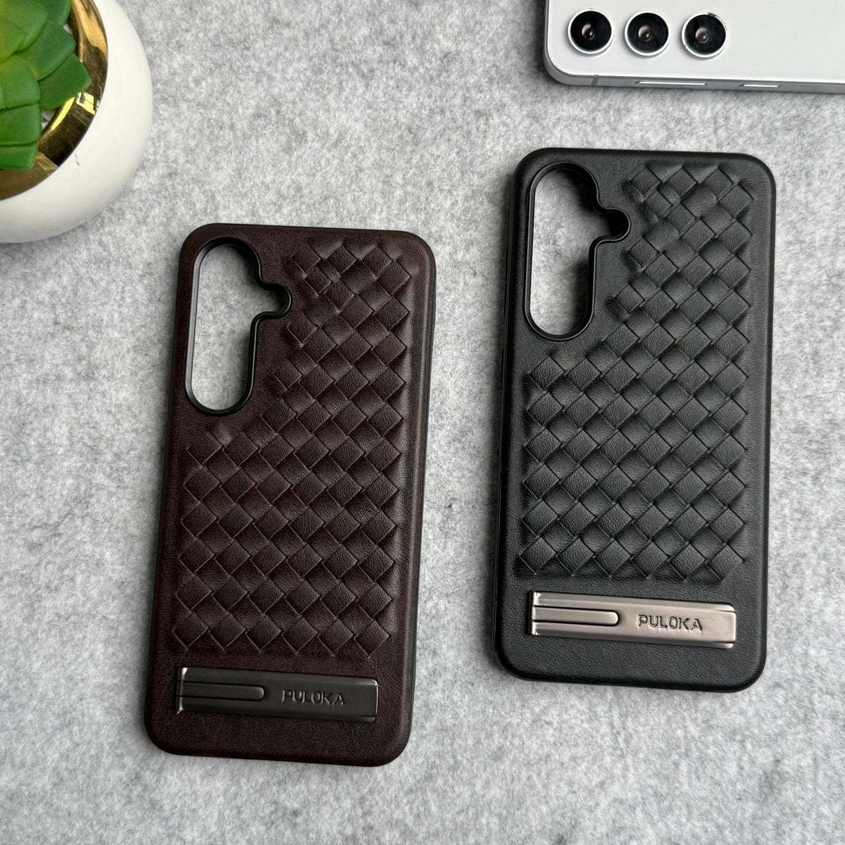 Samsung Galaxy S25 Weave Leather with Metal Kickstand Slim Back Cover