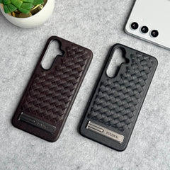 Samsung Galaxy S25 Weave Leather with Metal Kickstand Slim Back Cover