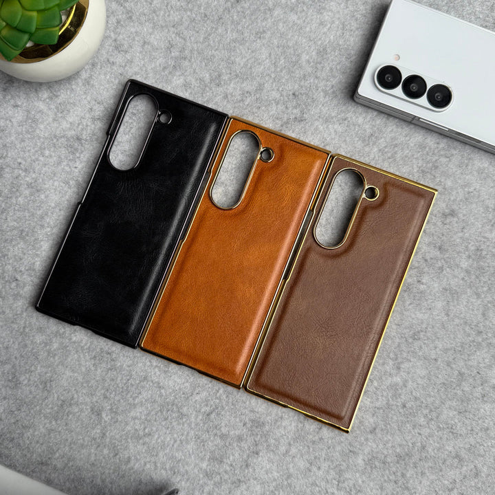 Samsung Galaxy Z Fold 5 PU Leather Chrome Plated Front Screen Protector Case Cover