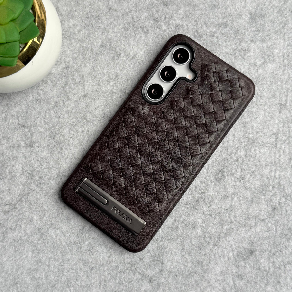 Samsung Galaxy S25 Weave Leather with Metal Kickstand Slim Back Cover