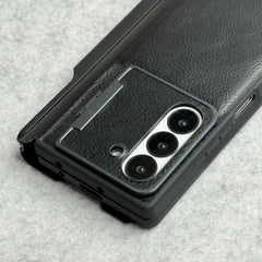 Samsung Galaxy Z Fold 6 Premium Leather Textured Flip Case with Metal Kick Stand Cover