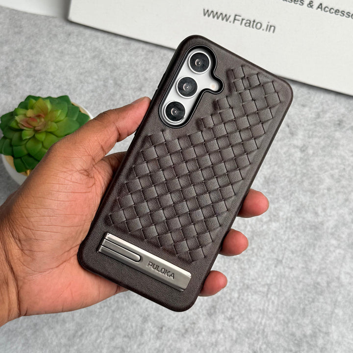 Samsung Galaxy S25 Weave Leather with Metal Kickstand Slim Back Cover