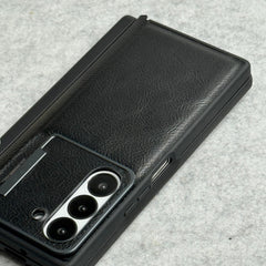 Samsung Galaxy Z Fold 6 Premium Leather Textured Flip Case with Metal Kick Stand Cover