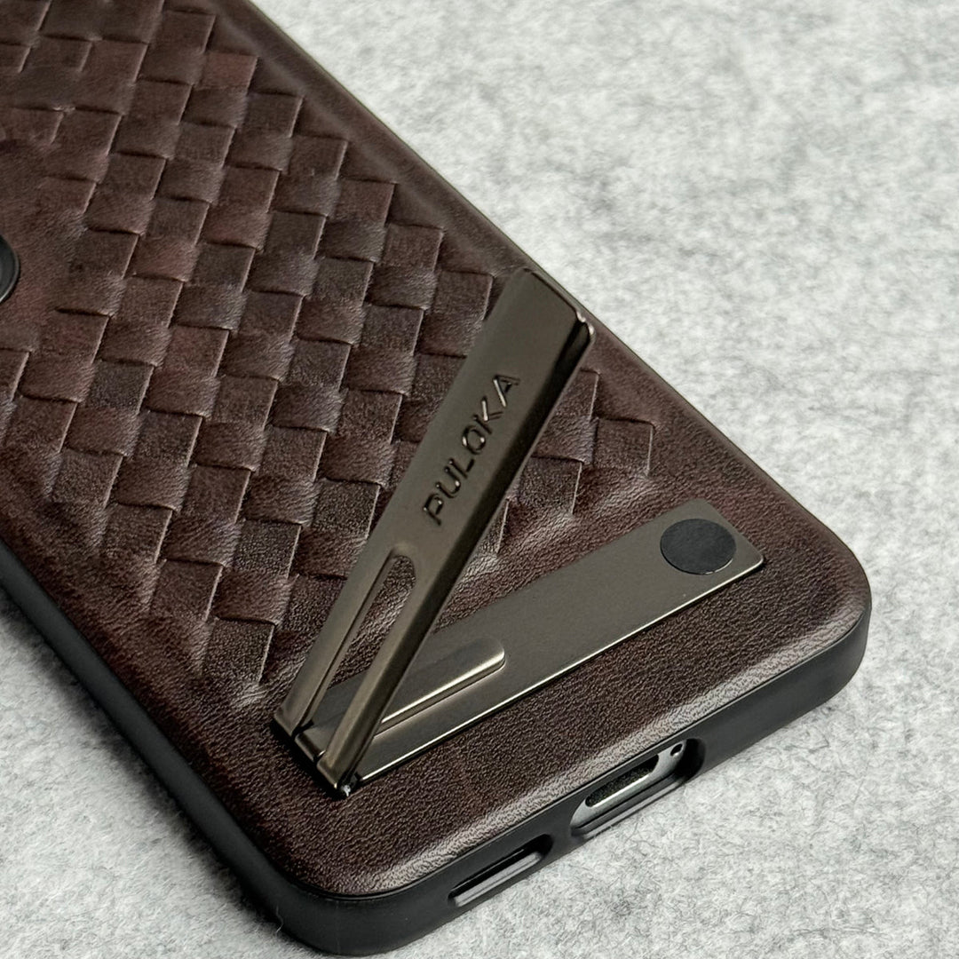 Samsung Galaxy S25 Weave Leather with Metal Kickstand Slim Back Cover
