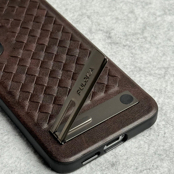 Samsung Galaxy S25 Weave Leather with Metal Kickstand Slim Back Cover