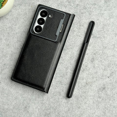 Samsung Galaxy Z Fold 6 Premium Leather Textured Flip Case with Metal Kick Stand Cover