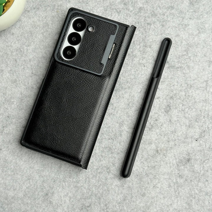 Samsung Galaxy Z Fold 5 Premium Leather Textured Flip Case with Metal Kick Stand Cover