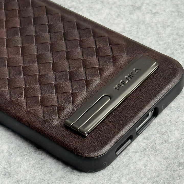 Samsung Galaxy S25 Weave Leather with Metal Kickstand Slim Back Cover