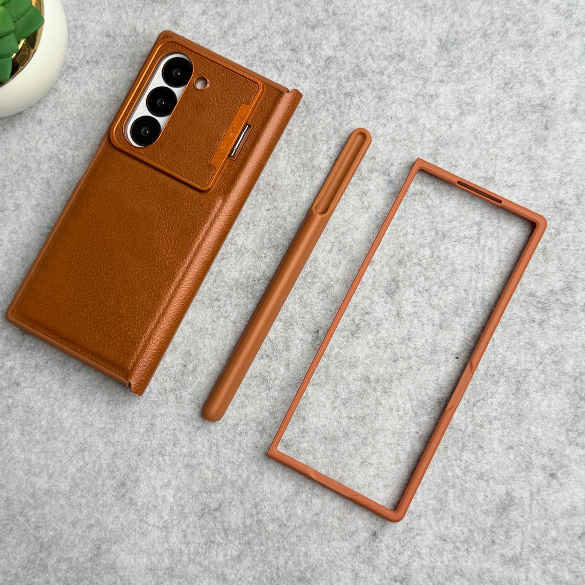 Samsung Galaxy Z Fold 6 Premium Leather Textured Flip Case with Metal Kick Stand Cover
