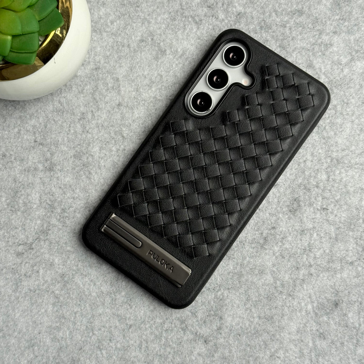 Samsung Galaxy S25 Weave Leather with Metal Kickstand Slim Back Cover