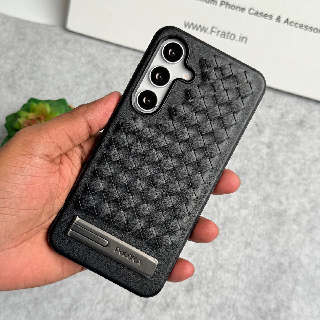 Samsung Galaxy S25 Weave Leather with Metal Kickstand Slim Back Cover