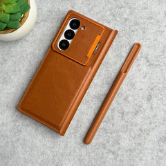 Samsung Galaxy Z Fold 6 Premium Leather Textured Flip Case with Metal Kick Stand Cover