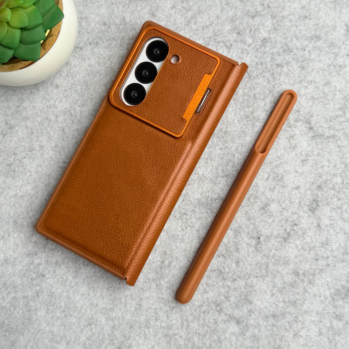 Samsung Galaxy Z Fold 6 Premium Leather Textured Flip Case with Metal Kick Stand Cover