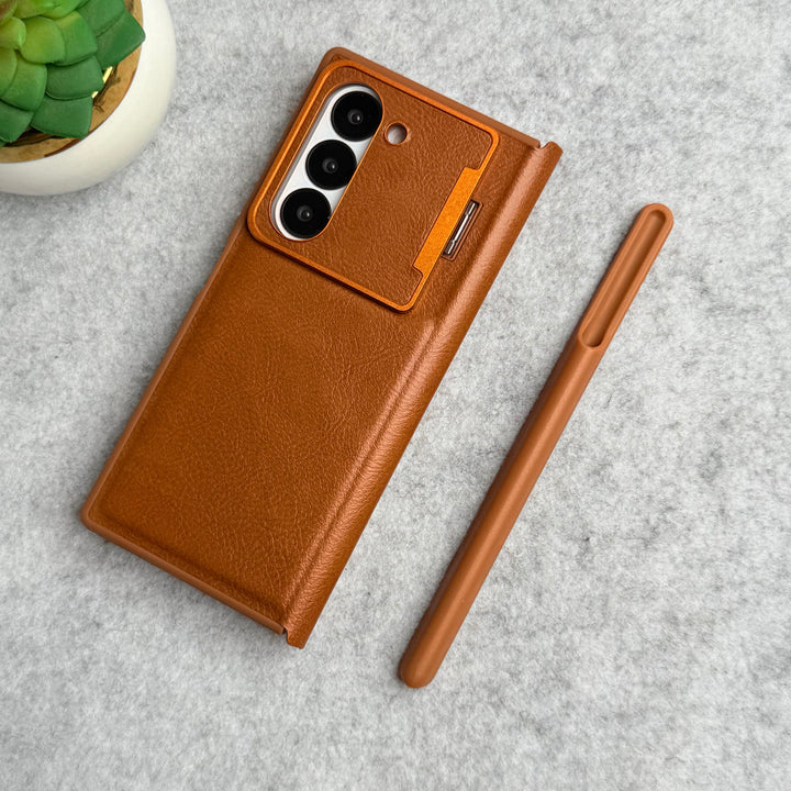 Samsung Galaxy Z Fold 5 Premium Leather Textured Flip Case with Metal Kick Stand Cover