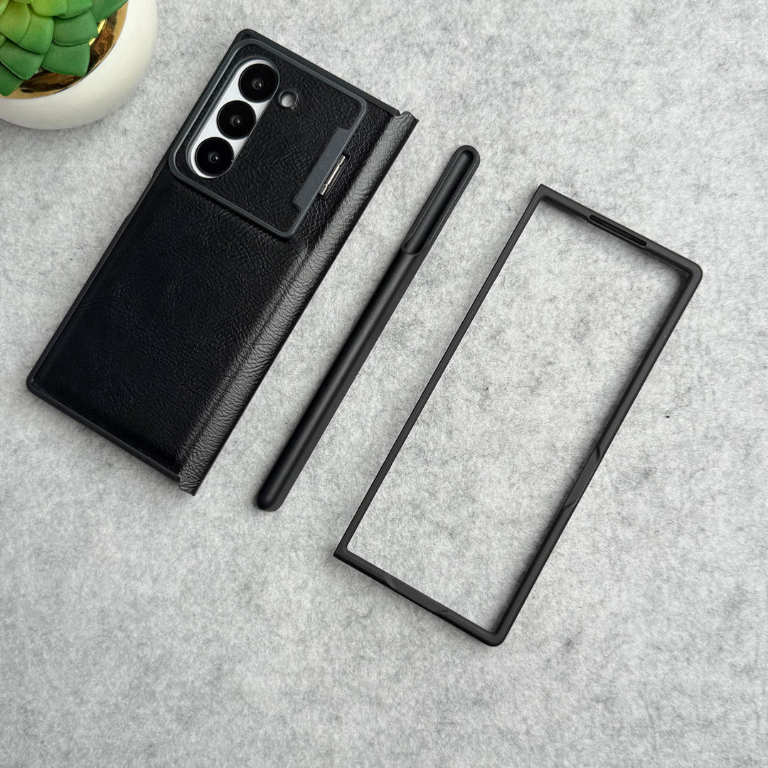 Samsung Galaxy Z Fold 5 Premium Leather Textured Flip Case with Metal Kick Stand Cover