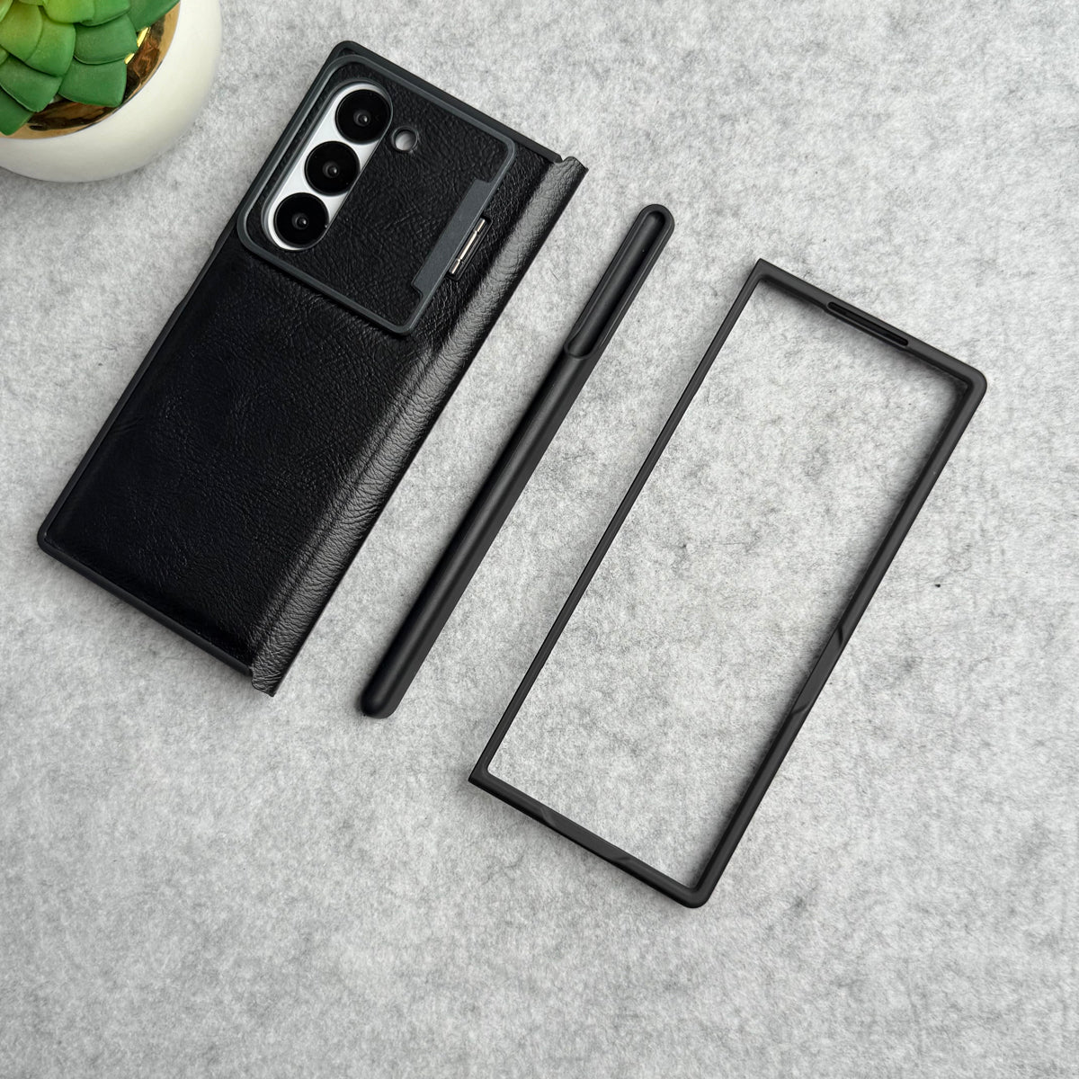 Samsung Galaxy Z Fold 6 Premium Leather Textured Flip Case with Metal Kick Stand Cover
