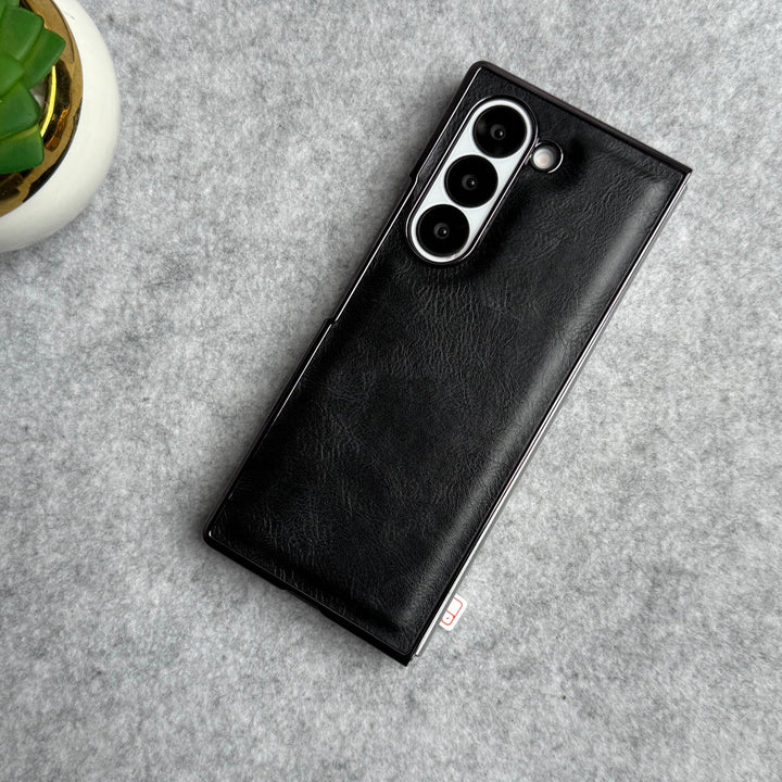 Samsung Galaxy Z Fold 5 PU Leather Chrome Plated Front Screen Protector Case Cover