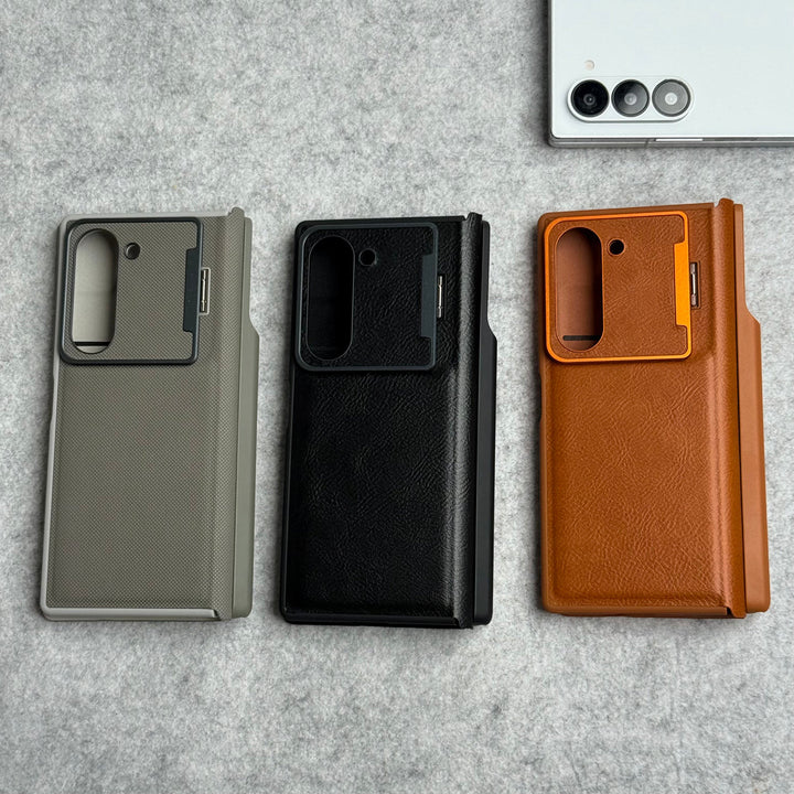 Samsung Galaxy Z Fold 5 Premium Leather Textured Flip Case with Metal Kick Stand Cover