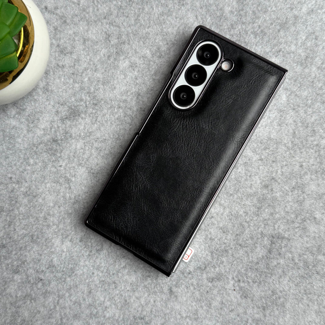 Samsung Galaxy Z Fold 6 PU Leather Chrome Plated Front Screen Protector Case Cover
