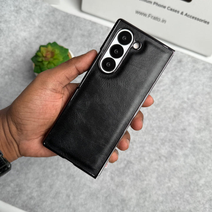 Samsung Galaxy Z Fold 6 PU Leather Chrome Plated Front Screen Protector Case Cover