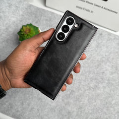 Samsung Galaxy Z Fold 5 PU Leather Chrome Plated Front Screen Protector Case Cover