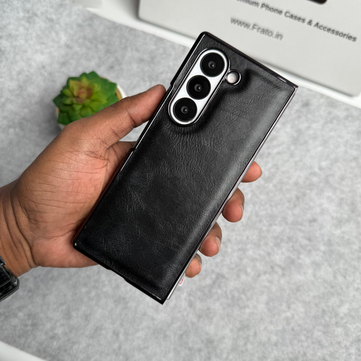 Samsung Galaxy Z Fold 5 PU Leather Chrome Plated Front Screen Protector Case Cover