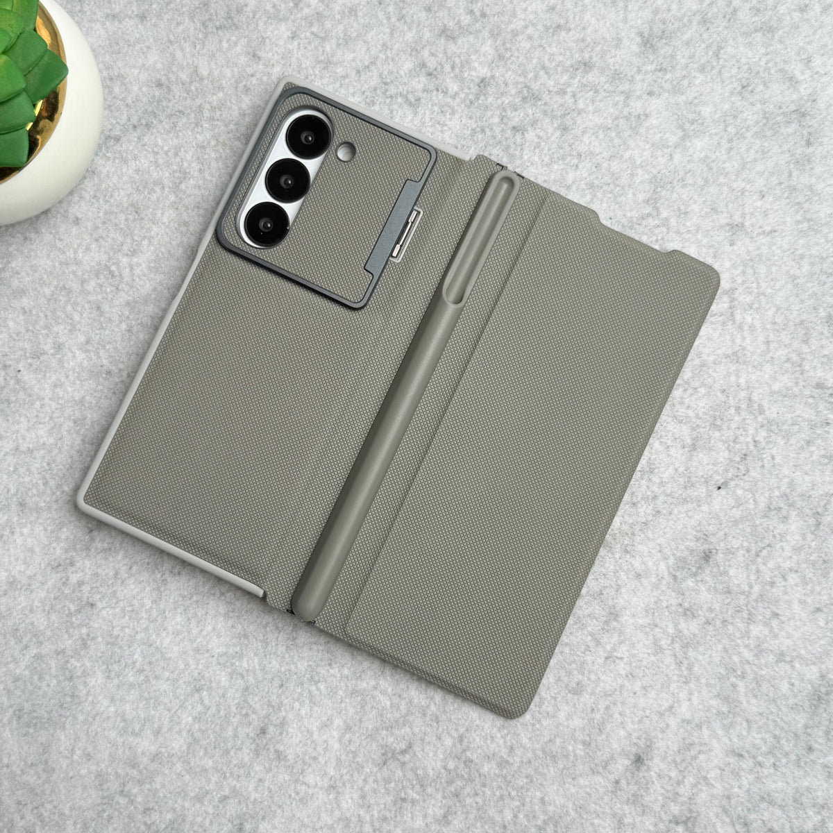 Samsung Galaxy Z Fold 6 Premium Leather Textured Flip Case with Metal Kick Stand Cover