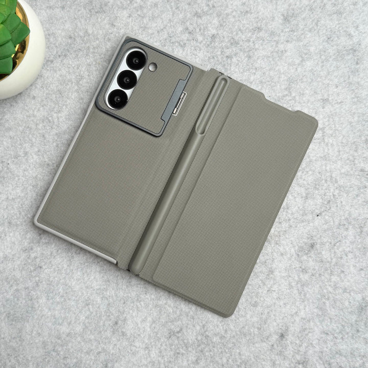 Samsung Galaxy Z Fold 5 Premium Leather Textured Flip Case with Metal Kick Stand Cover