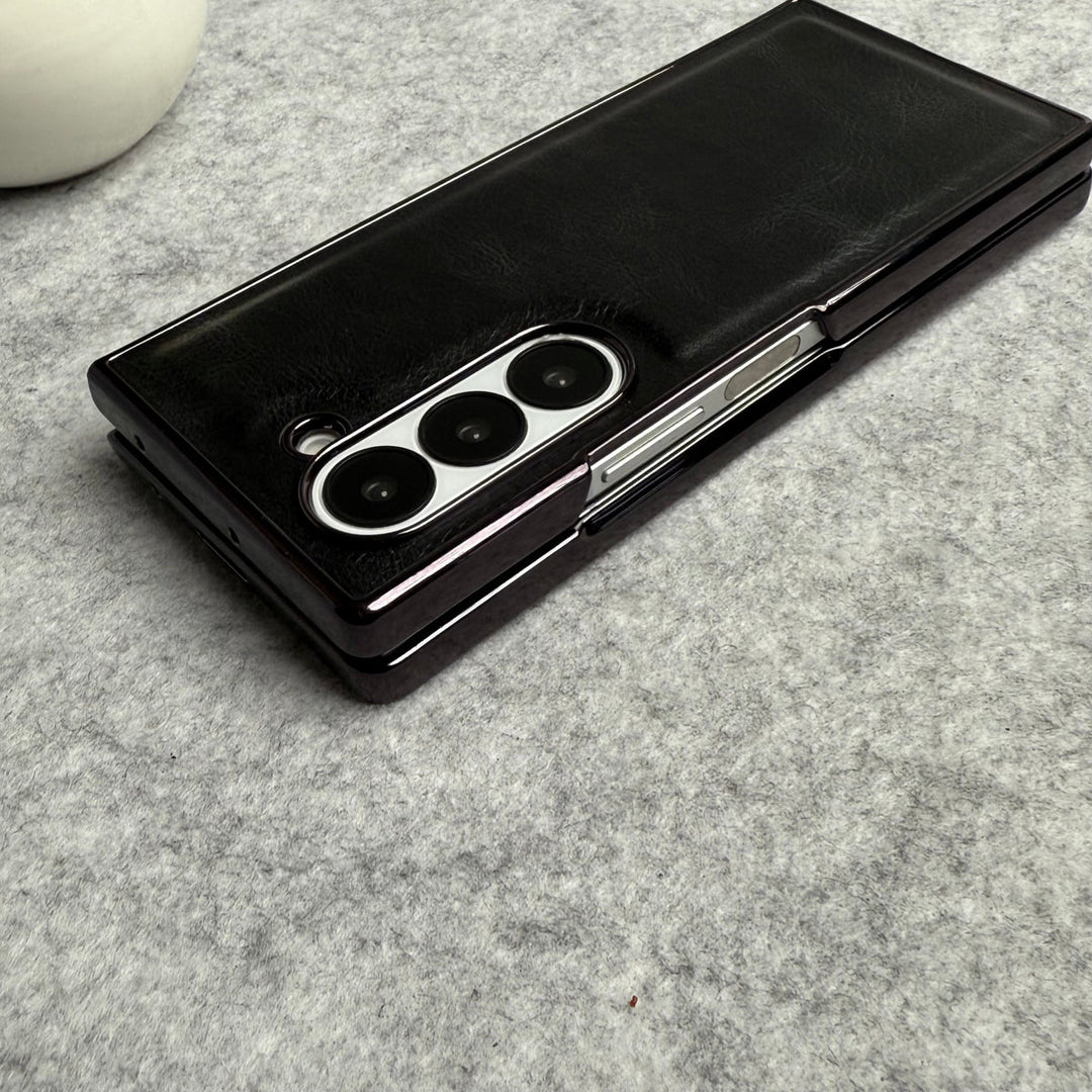 Samsung Galaxy Z Fold 6 PU Leather Chrome Plated Front Screen Protector Case Cover
