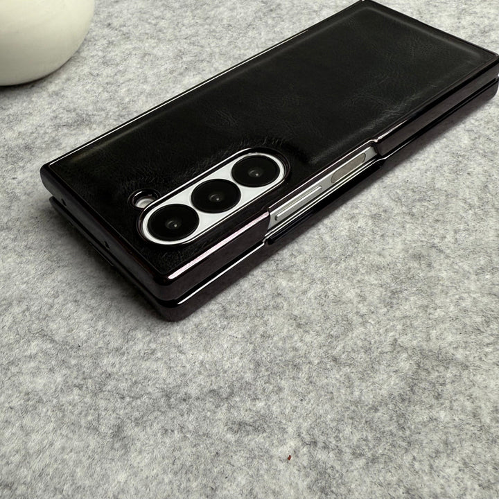 Samsung Galaxy Z Fold 6 PU Leather Chrome Plated Front Screen Protector Case Cover