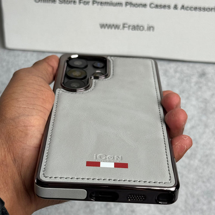Samsung Galaxy S24 Ultra Textured Premium PU Leather Side Chrome Cover Titanium Gray