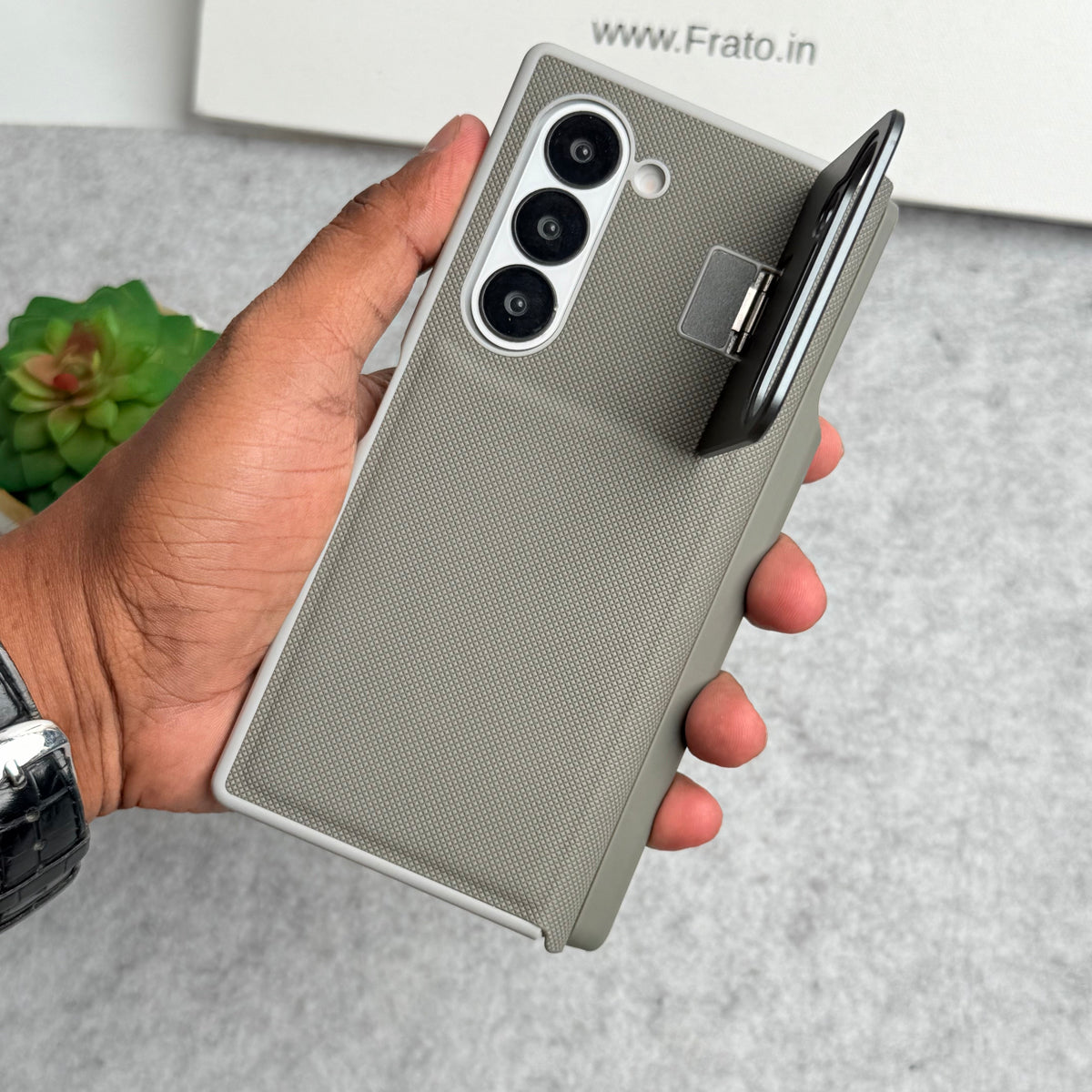 Samsung Galaxy Z Fold 6 Premium Leather Textured Flip Case with Metal Kick Stand Cover