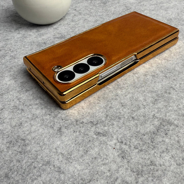 Samsung Galaxy Z Fold 5 PU Leather Chrome Plated Front Screen Protector Case Cover