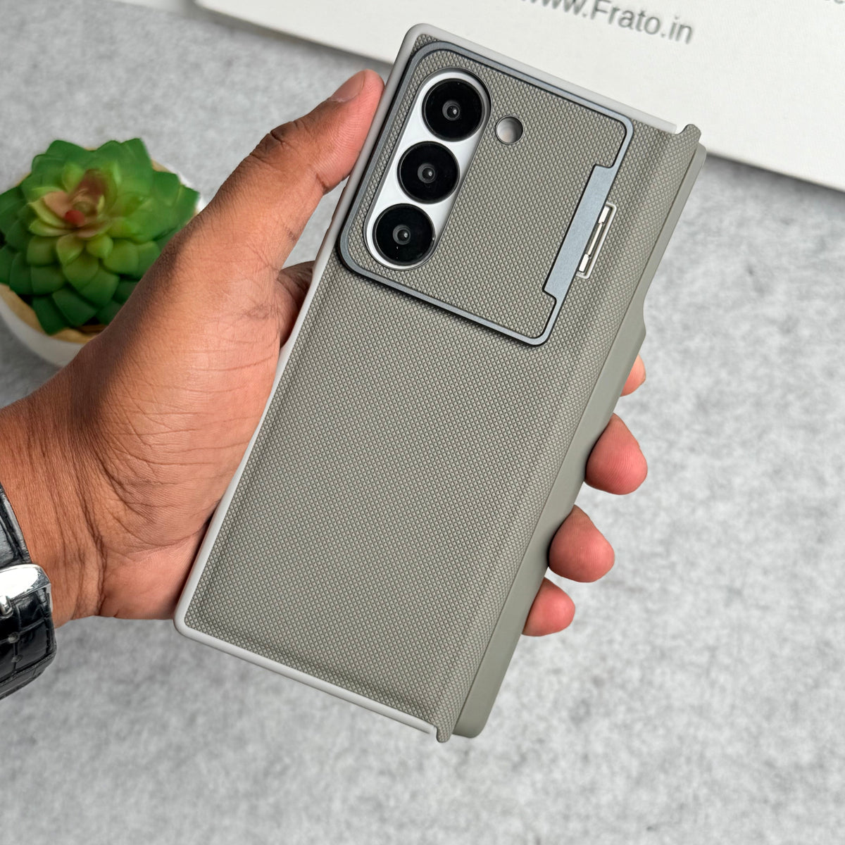 Samsung Galaxy Z Fold 6 Premium Leather Textured Flip Case with Metal Kick Stand Cover