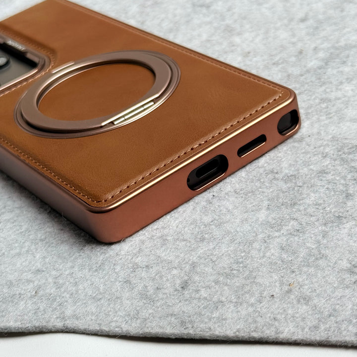 Samsung Galaxy S25 Ultra Leather Mate Chrome Plated Rotating Stand Case Cover