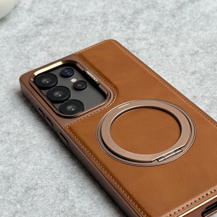 Samsung Galaxy S25 Ultra Leather Mate Chrome Plated Rotating Stand Case Cover
