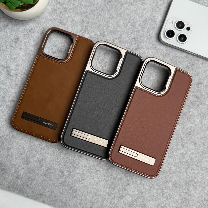 iPhone 16 Series Leather Mate Chrome Plated Kick Stand Case Cover