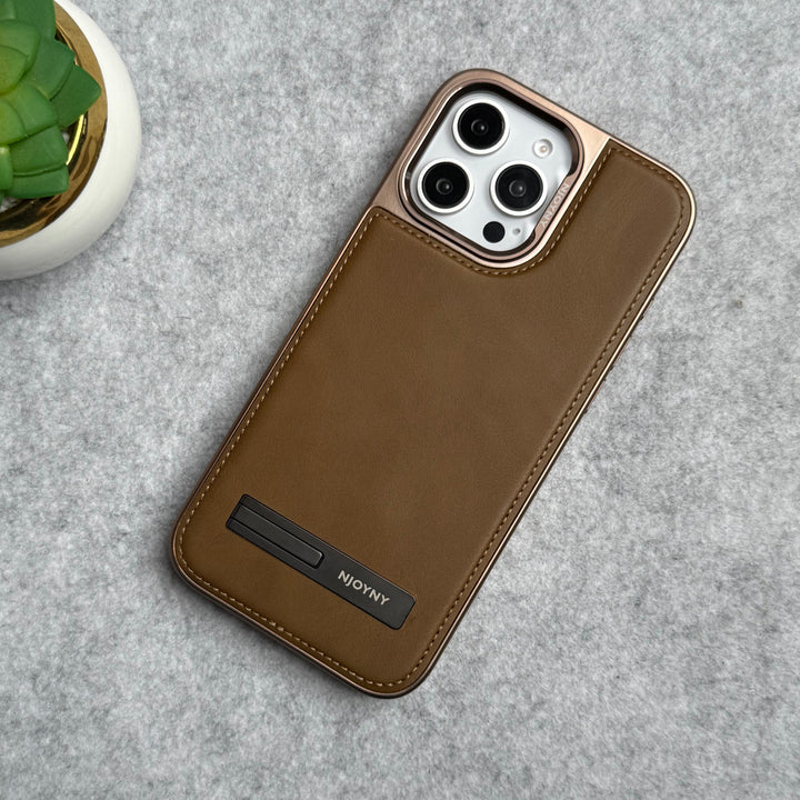 iPhone 16 Series Leather Mate Chrome Plated Kick Stand Case Cover