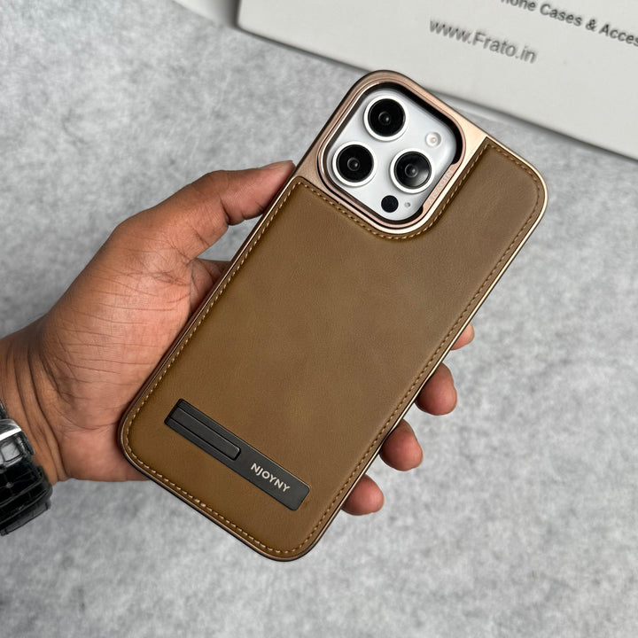 iPhone 16 Series Leather Mate Chrome Plated Kick Stand Case Cover