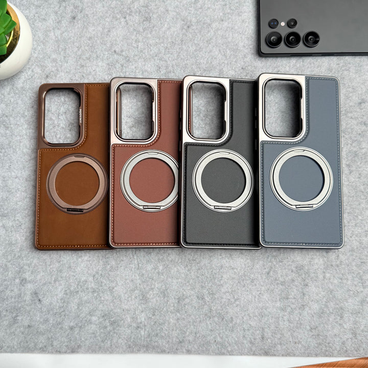 Samsung Galaxy S25 Ultra Leather Mate Chrome Plated Rotating Stand Case Cover